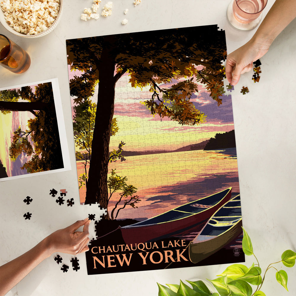 Chautauqua Lake, New York, Canoe and Lake at Sunset, Jigsaw Puzzle Puzzle Lantern Press 