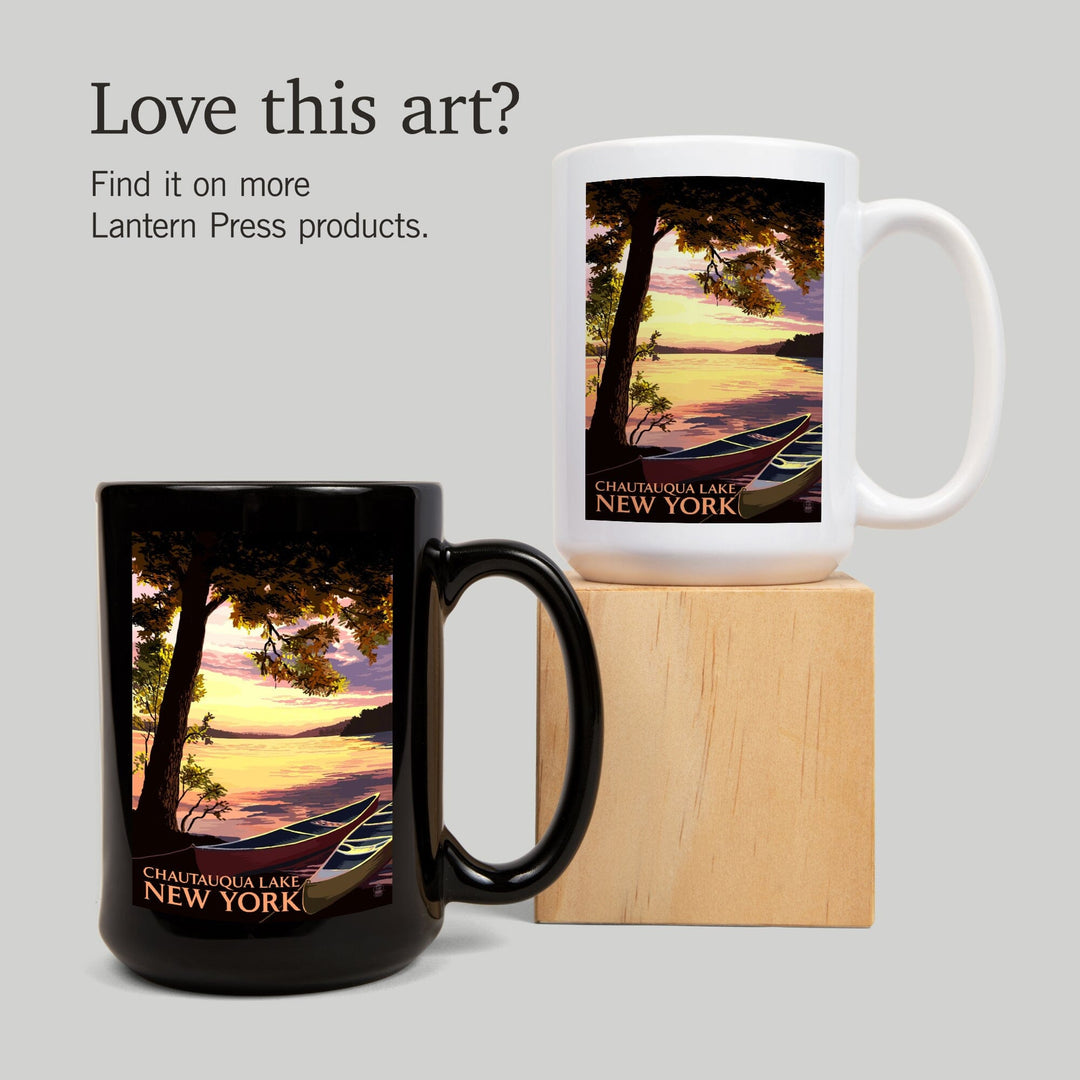 Chautauqua Lake, New York, Canoe and Lake at Sunset, Lantern Press Artwork, Ceramic Mug Mugs Lantern Press 