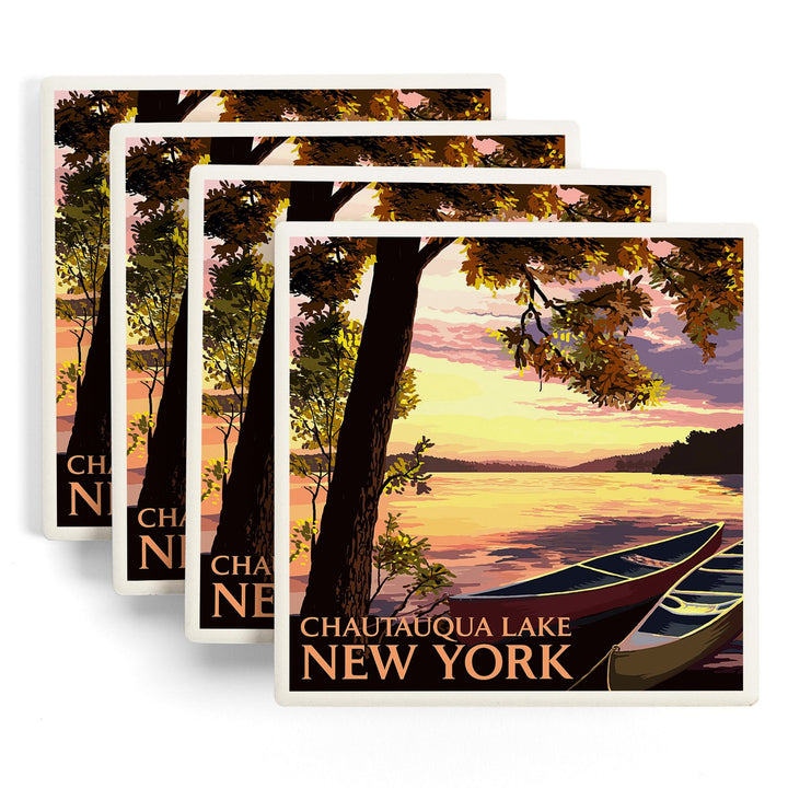 Chautauqua Lake, New York, Canoe and Lake at Sunset, Lantern Press Artwork, Coaster Set - Lantern Press