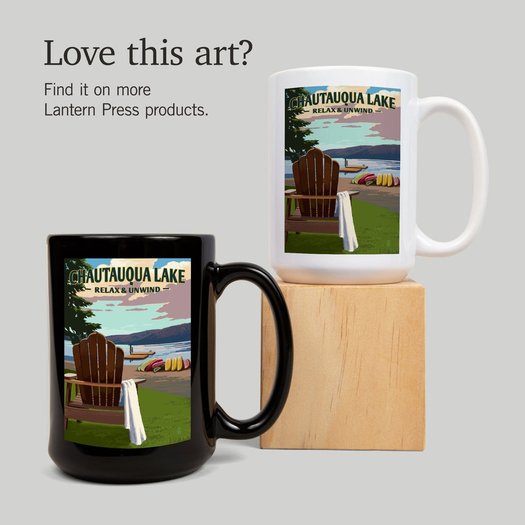 Chautauqua Lake, New York, Lake & Adirondack Chair, Lantern Press Artwork, Ceramic Mug Mugs Lantern Press 