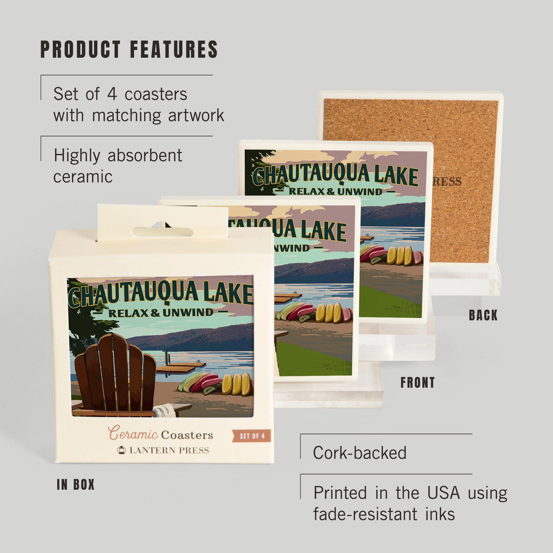 Chautauqua Lake, New York, Lake & Adirondack Chair, Lantern Press Artwork, Coaster Set - Lantern Press