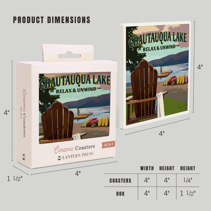 Chautauqua Lake, New York, Lake & Adirondack Chair, Lantern Press Artwork, Coaster Set - Lantern Press