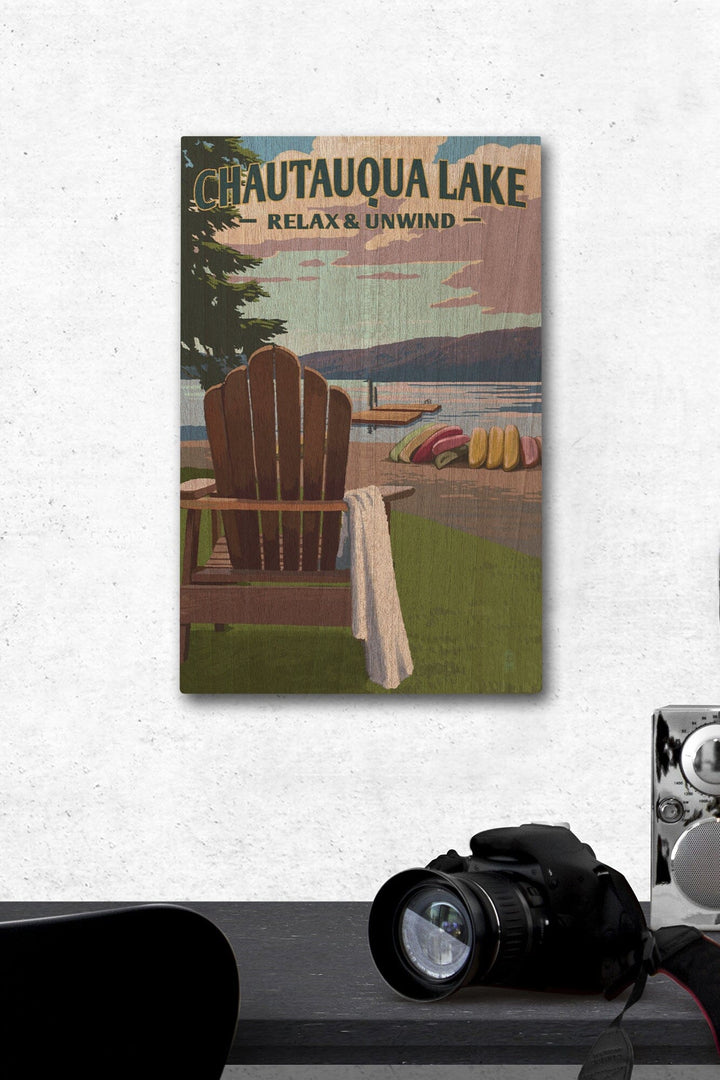 Chautauqua Lake, New York, Lake & Adirondack Chair, Lantern Press Artwork, Wood Signs and Postcards Wood Lantern Press 12 x 18 Wood Gallery Print 