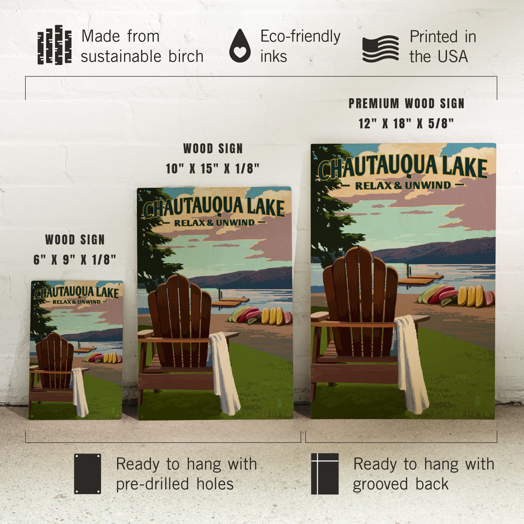 Chautauqua Lake, New York, Lake & Adirondack Chair, Lantern Press Artwork, Wood Signs and Postcards Wood Lantern Press 