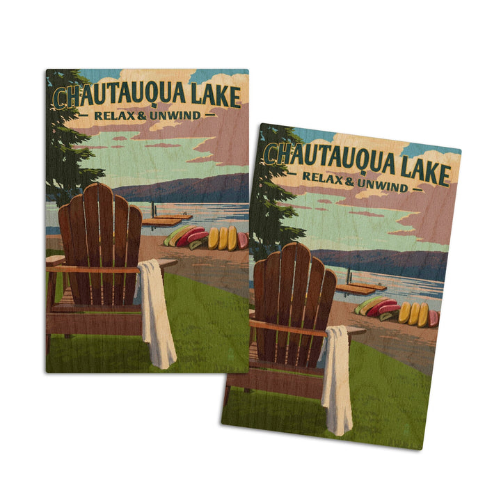 Chautauqua Lake, New York, Lake & Adirondack Chair, Lantern Press Artwork, Wood Signs and Postcards Wood Lantern Press 4x6 Wood Postcard Set 