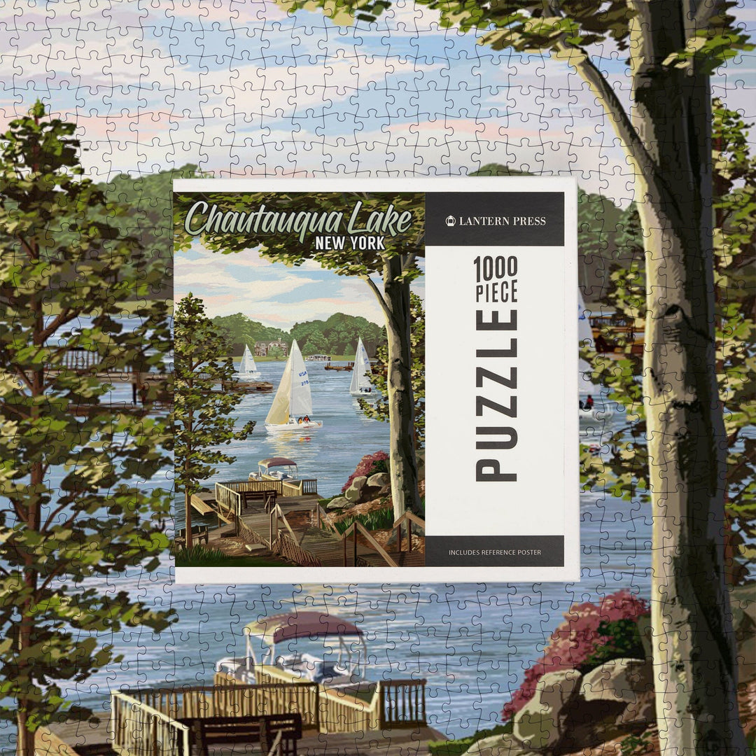 Chautauqua Lake, New York, Lake View and Sailboats, Jigsaw Puzzle Puzzle Lantern Press 