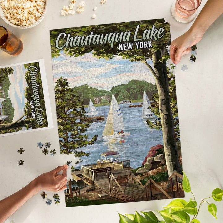 Chautauqua Lake, New York, Lake View and Sailboats, Jigsaw Puzzle Puzzle Lantern Press 