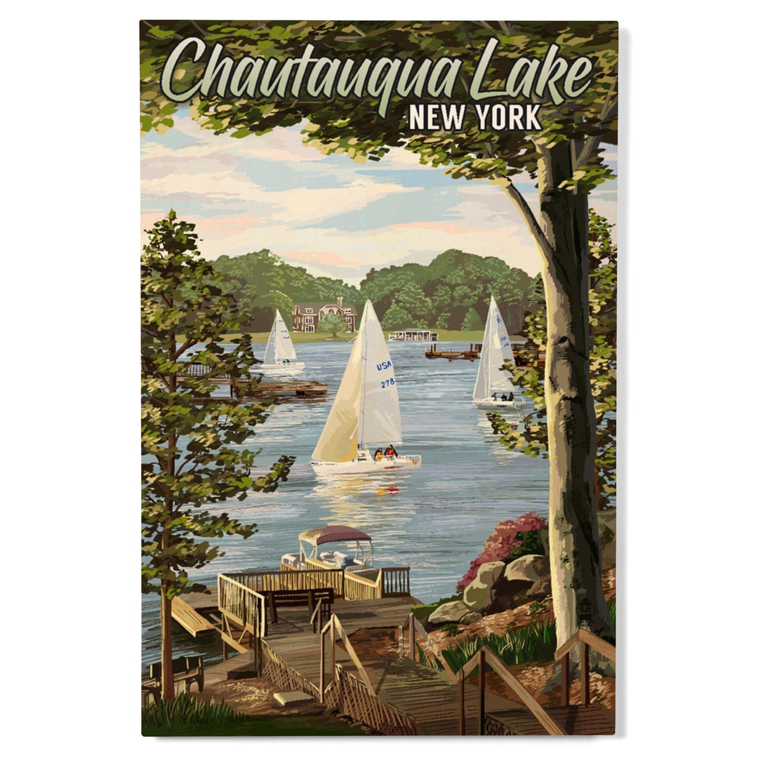 Chautauqua Lake, New York, Lake View & Sailboats, Lantern Press Artwork, Wood Signs and Postcards Wood Lantern Press 