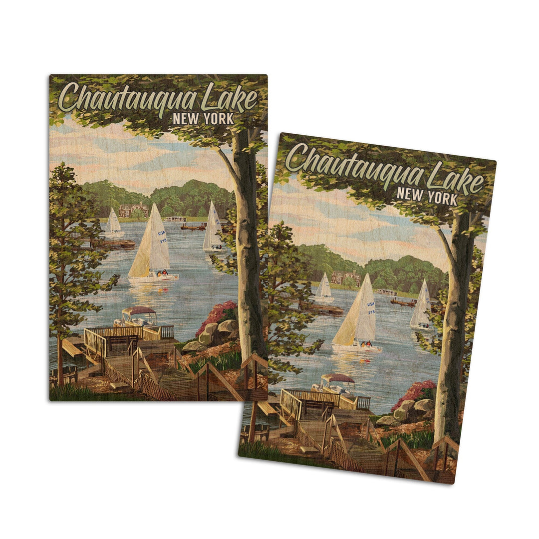 Chautauqua Lake, New York, Lake View & Sailboats, Lantern Press Artwork, Wood Signs and Postcards Wood Lantern Press 4x6 Wood Postcard Set 