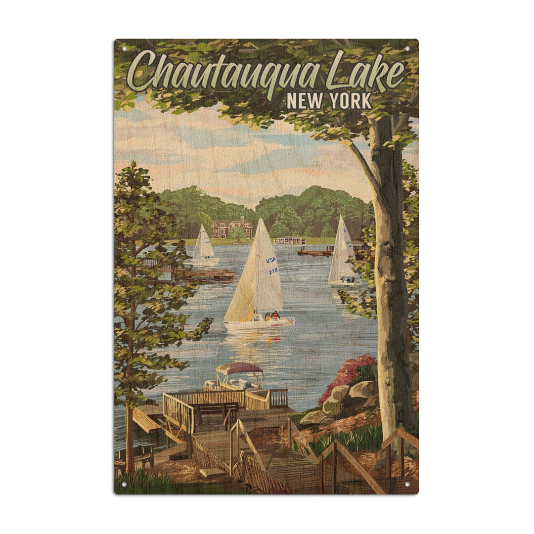 Chautauqua Lake, New York, Lake View & Sailboats, Lantern Press Artwork, Wood Signs and Postcards Wood Lantern Press 6x9 Wood Sign 