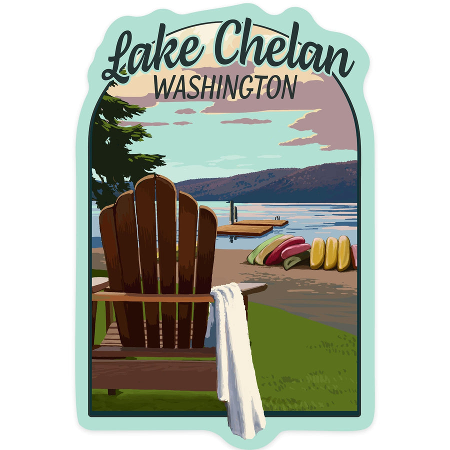 Chelan, Washington, Lake Chelan, Adirondack Chairs and Lake, Contour, Vinyl Sticker - Lantern Press