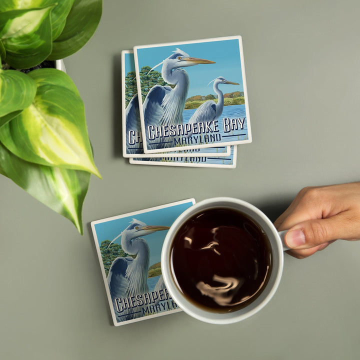 Chesapeake Bay, Maryland, Blue Heron, Lantern Press Artwork, Coaster Set - Lantern Press