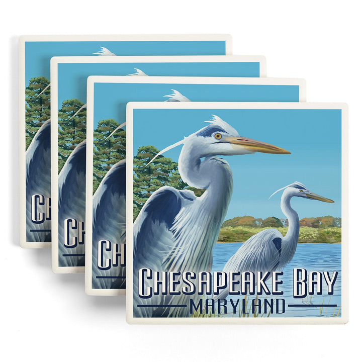 Chesapeake Bay, Maryland, Blue Heron, Lantern Press Artwork, Coaster Set - Lantern Press