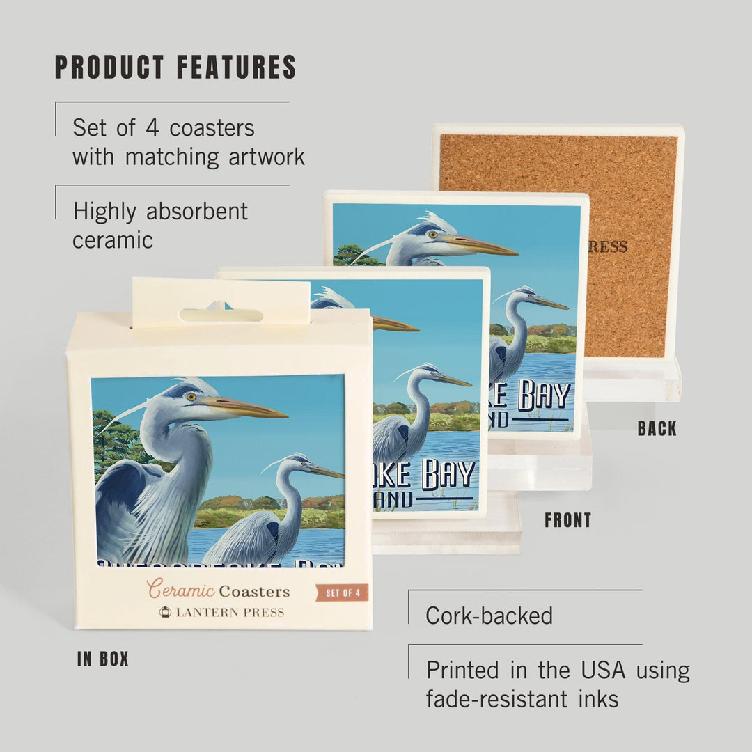 Chesapeake Bay, Maryland, Blue Heron, Lantern Press Artwork, Coaster Set - Lantern Press