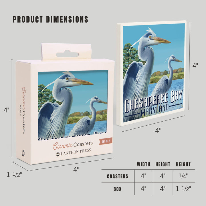 Chesapeake Bay, Maryland, Blue Heron, Lantern Press Artwork, Coaster Set - Lantern Press