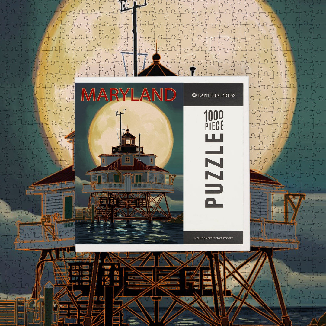 Chesapeake Bay, Maryland, Lighthouse and Full Moon, Jigsaw Puzzle Puzzle Lantern Press 