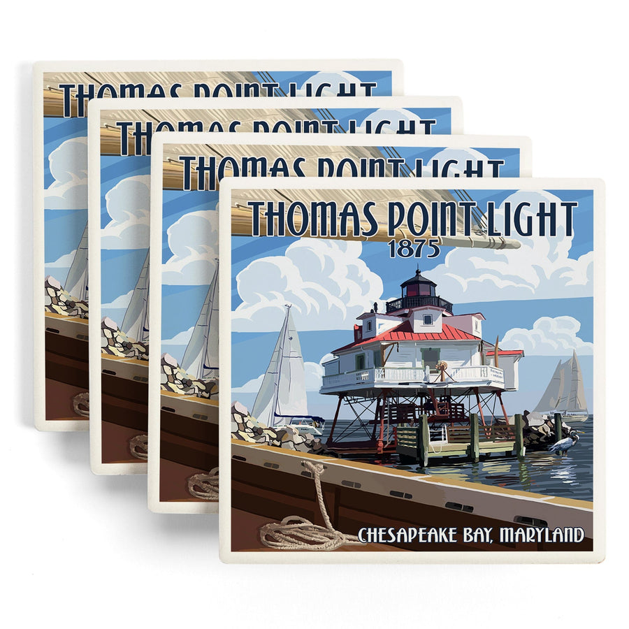 Chesapeake Bay, Maryland, Thomas Point Light, Lantern Press Artwork, Coaster Set - Lantern Press