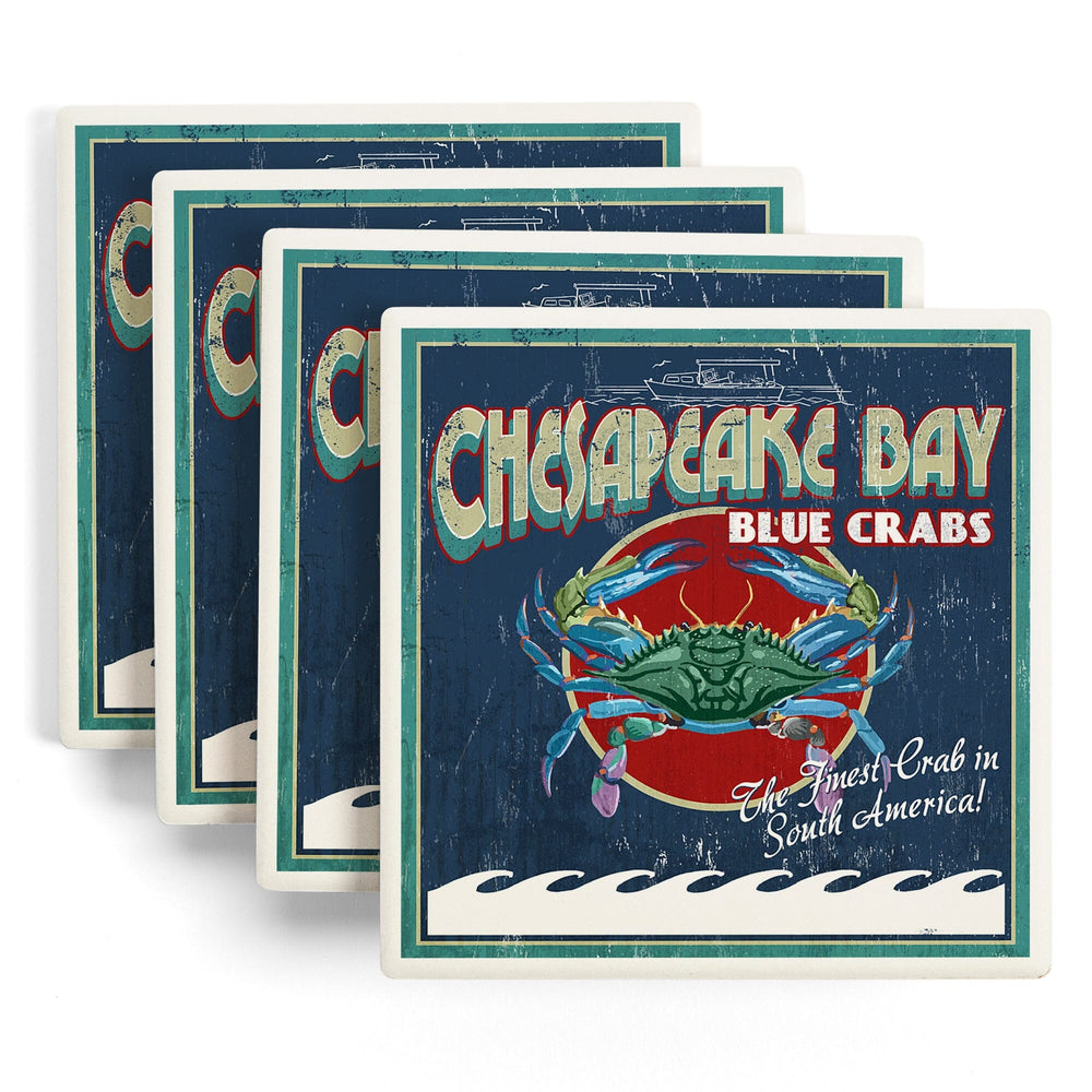 Chesapeake Bay, Virginia, Blue Crab Vintage Sign, Coasters Coasters Lantern Press 