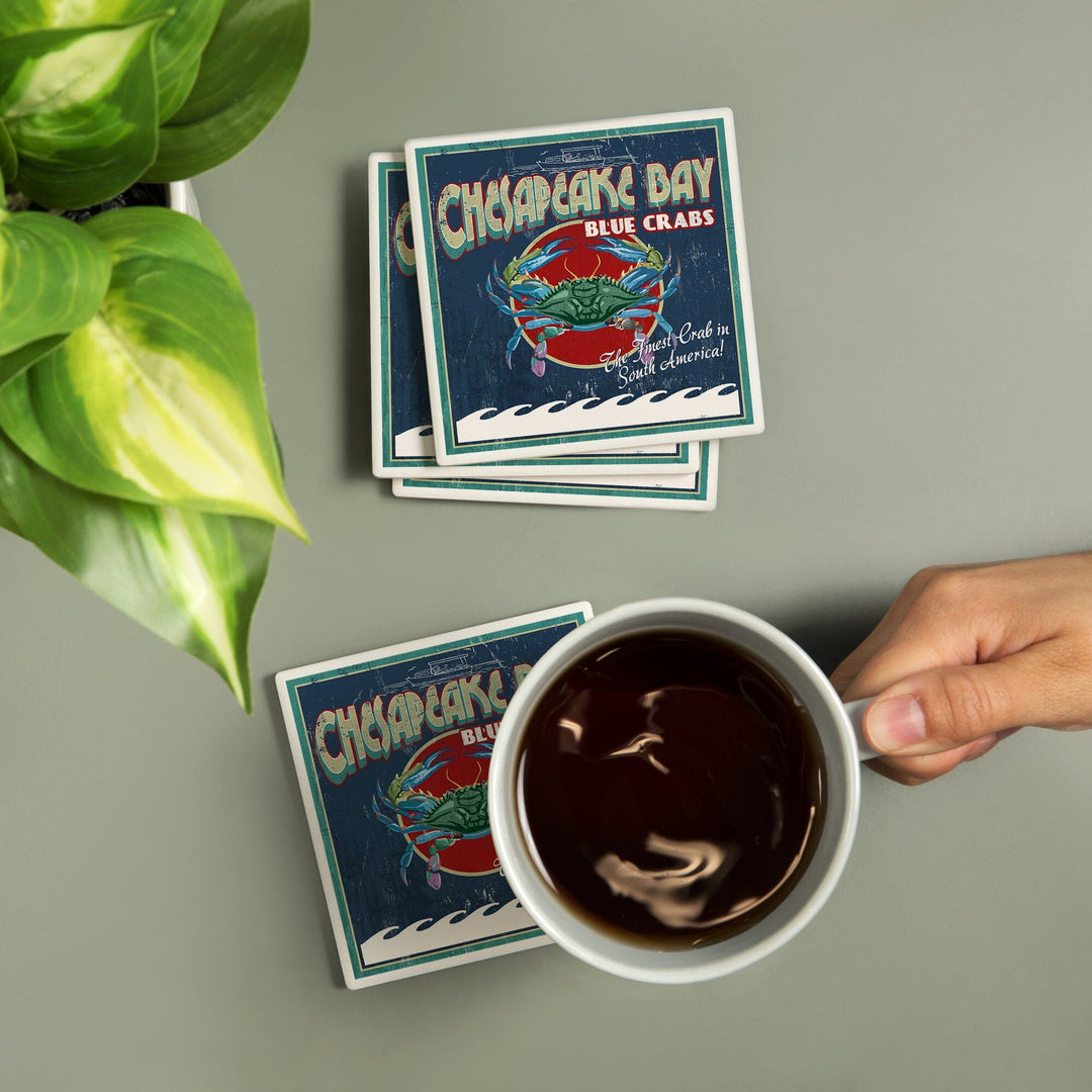 Chesapeake Bay, Virginia, Blue Crab Vintage Sign, Coasters Coasters Lantern Press 