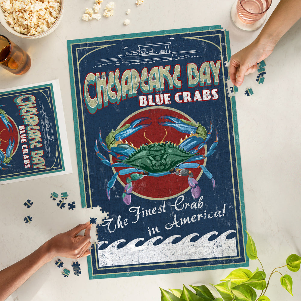 Chesapeake Bay, Virginia, Blue Crab Vintage Sign, Jigsaw Puzzle Puzzle Lantern Press 