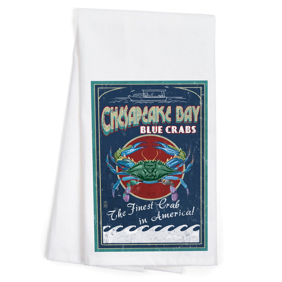 Chesapeake Bay, Virginia, Blue Crab Vintage Sign, Organic Cotton Kitchen Tea Towels Kitchen Lantern Press 