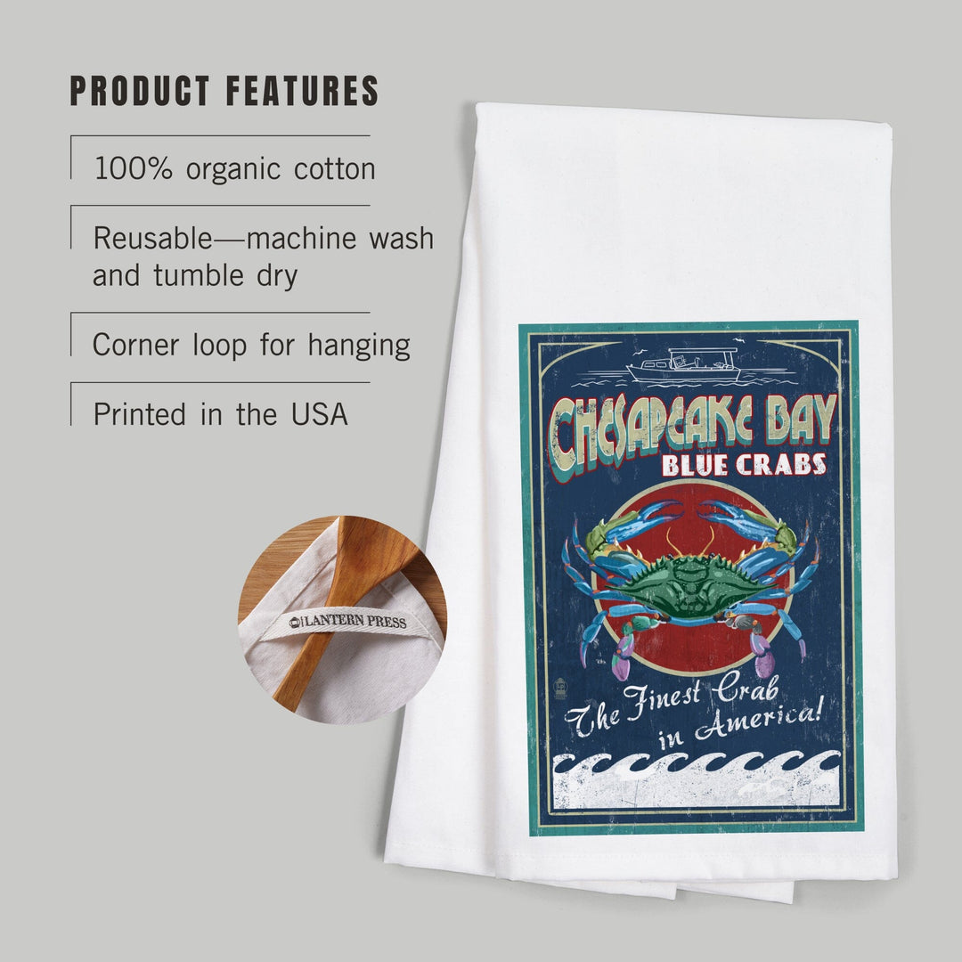 Chesapeake Bay, Virginia, Blue Crab Vintage Sign, Organic Cotton Kitchen Tea Towels Kitchen Lantern Press 