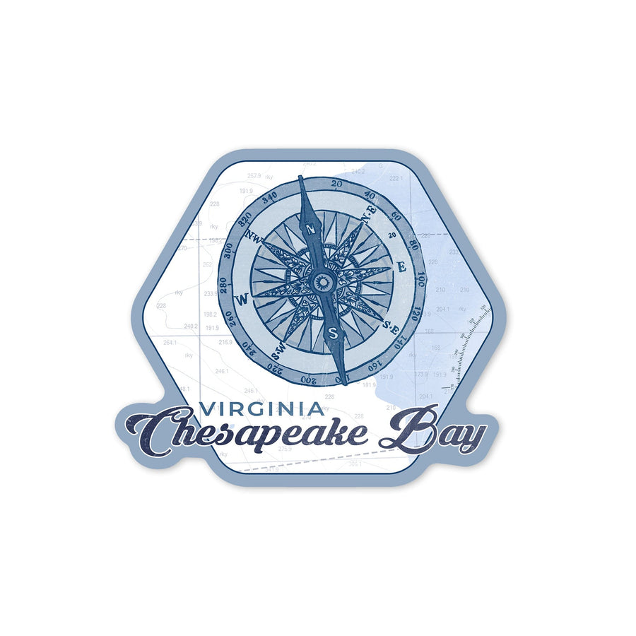 Chesapeake Bay, Viriginia, Compass, Blue, Coastal Icon, Contour, Vinyl Sticker - Lantern Press