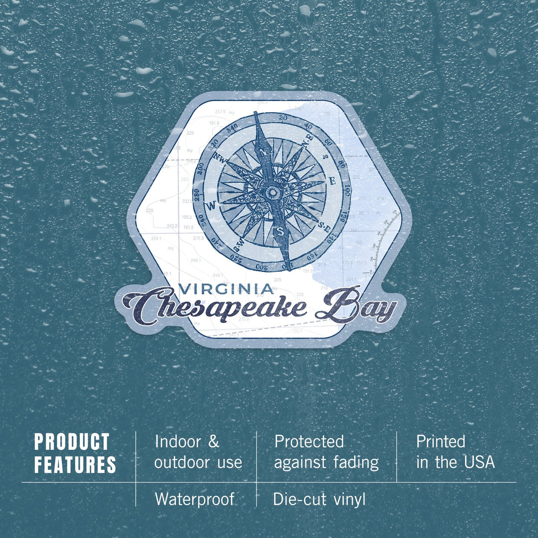 Chesapeake Bay, Viriginia, Compass, Blue, Coastal Icon, Contour, Vinyl Sticker - Lantern Press