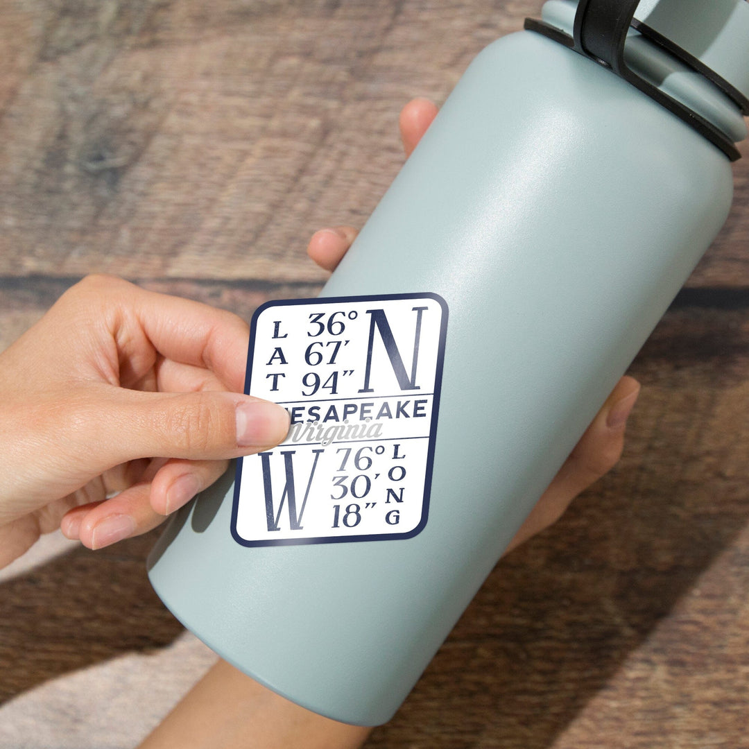 Chesapeake, Virginia, Latitude and Longitude (Blue), Contour, Vinyl Sticker - Lantern Press