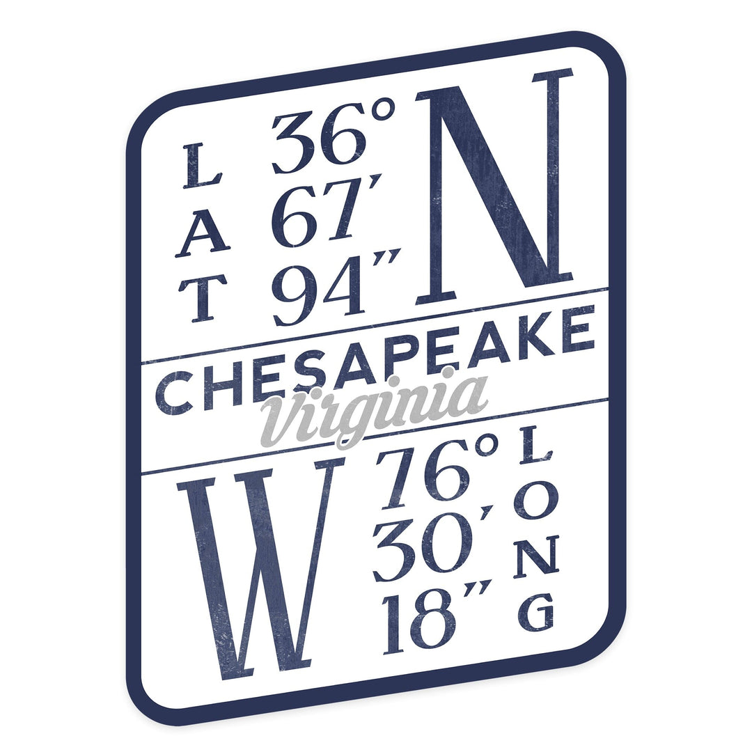 Chesapeake, Virginia, Latitude and Longitude (Blue), Contour, Vinyl Sticker - Lantern Press