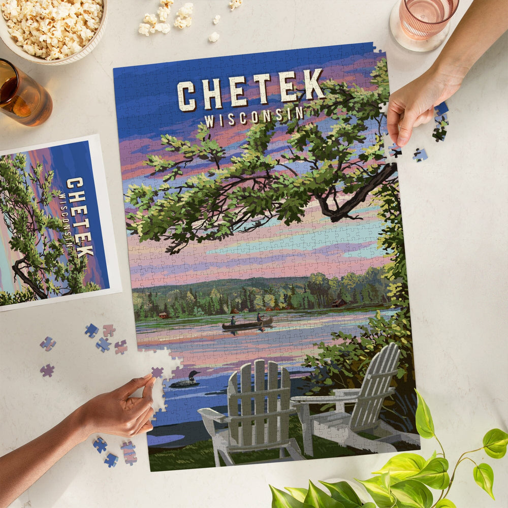 Chetek, Wisconsin, Adirondack Chairs and Lake, Jigsaw Puzzle Puzzle Lantern Press 