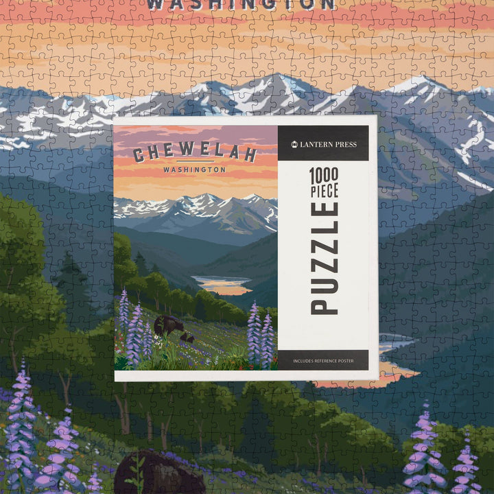 Chewelah, Washington, Painterly, Bear and Spring Flowers, Jigsaw Puzzle Puzzle Lantern Press 