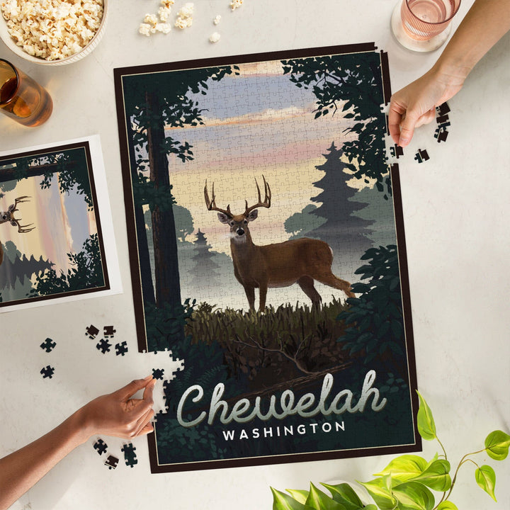 Chewelah, Washington, Painterly, Deer and Sunrise, Jigsaw Puzzle Puzzle Lantern Press 