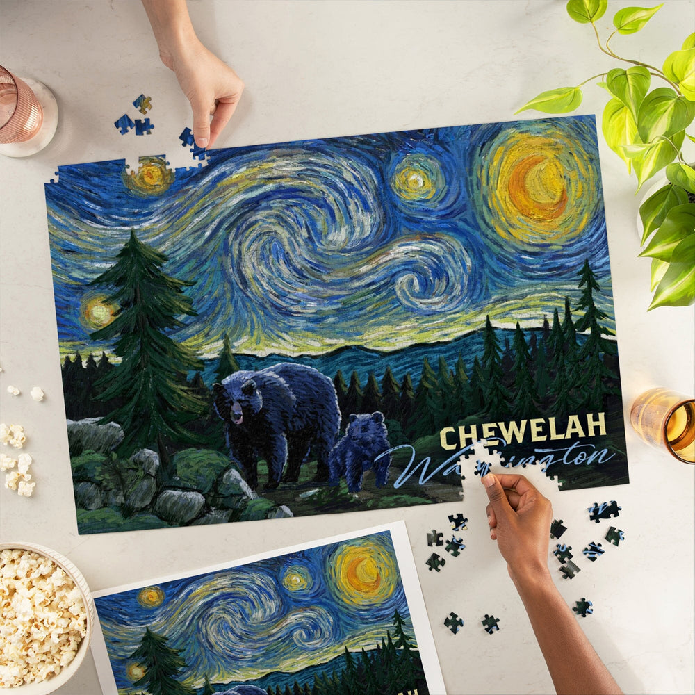 Chewelah, Washington, Starry Night, Black Bears, Jigsaw Puzzle Puzzle Lantern Press 
