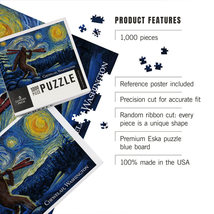 Chewelah, Washington, Starry Night, Winter Bigfoot with Skis, Jigsaw Puzzle Puzzle Lantern Press 