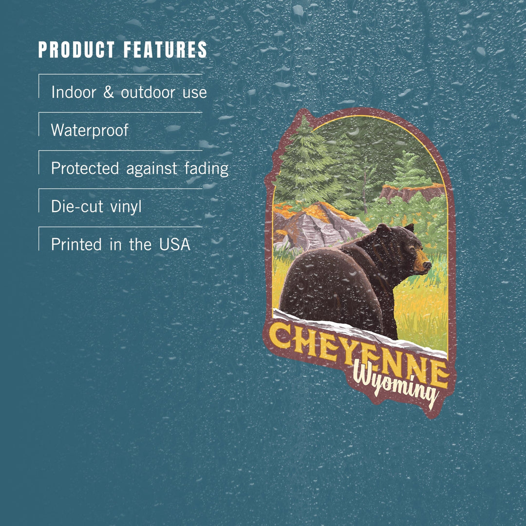 Cheyenne, Wyoming, Bear in Forest, Contour, Vinyl Sticker - Lantern Press