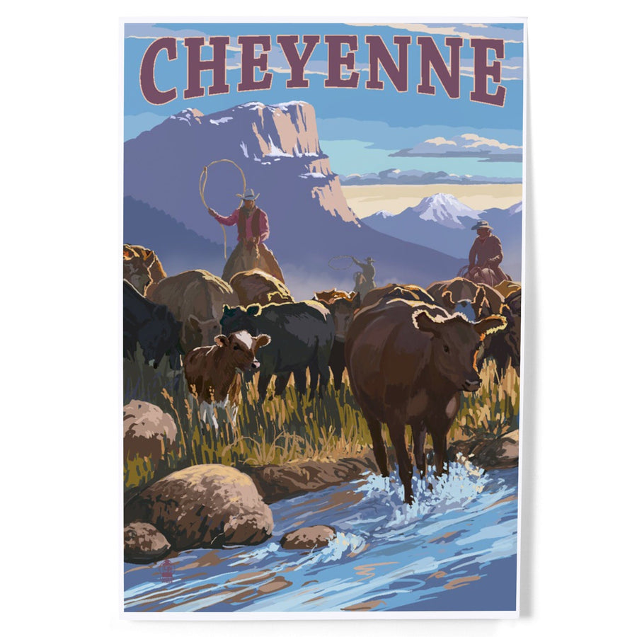 Cheyenne, Wyoming, Cowboy Cattle Drive Scene, Art & Giclee Prints Art Lantern Press 