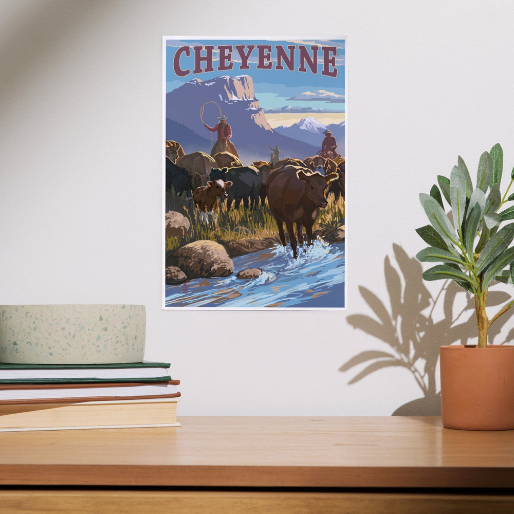 Cheyenne, Wyoming, Cowboy Cattle Drive Scene, Art & Giclee Prints Art Lantern Press 