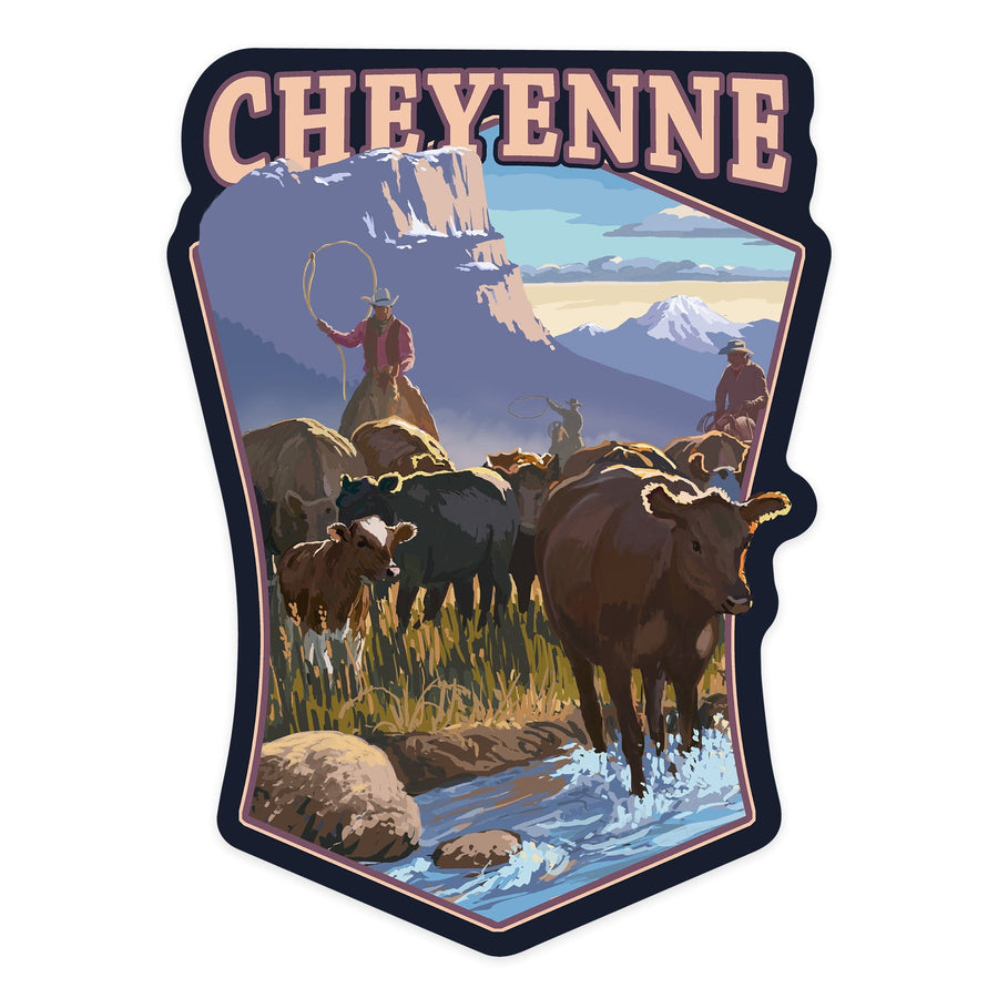 Cheyenne, Wyoming, Cowboy Cattle Drive Scene, Contour, Vinyl Sticker - Lantern Press