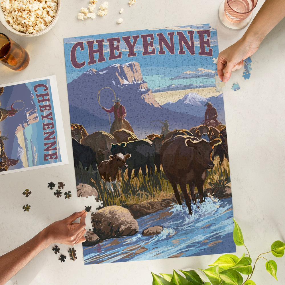 Cheyenne, Wyoming, Cowboy Cattle Drive Scene, Jigsaw Puzzle Puzzle Lantern Press 