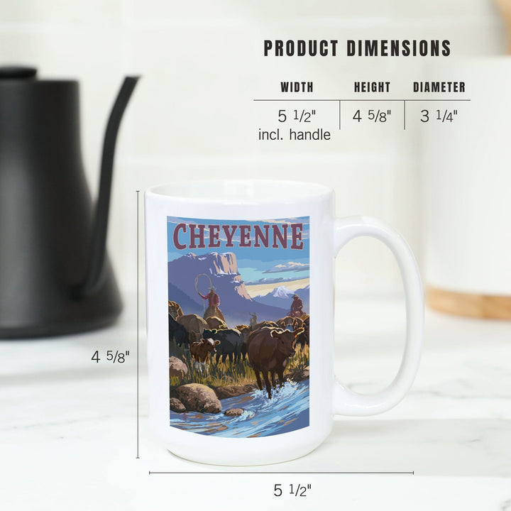 Cheyenne, Wyoming, Cowboy Cattle Drive Scene, Lantern Press Artwork, Ceramic Mug Mugs Lantern Press 
