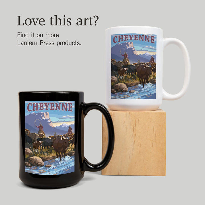 Cheyenne, Wyoming, Cowboy Cattle Drive Scene, Lantern Press Artwork, Ceramic Mug Mugs Lantern Press 