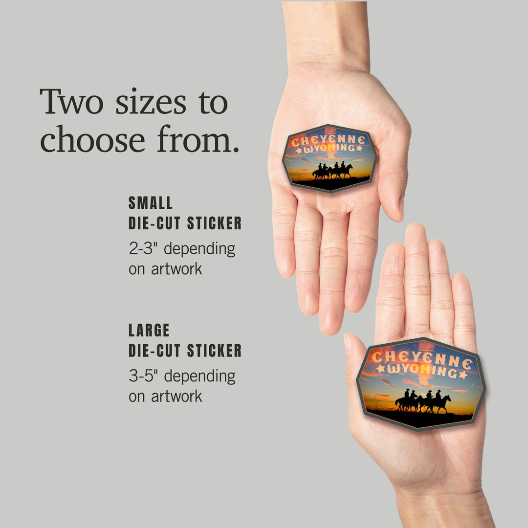 Cheyenne, Wyoming, Cowboys at Sunset, Contour, Vinyl Sticker Sticker Lantern Press 