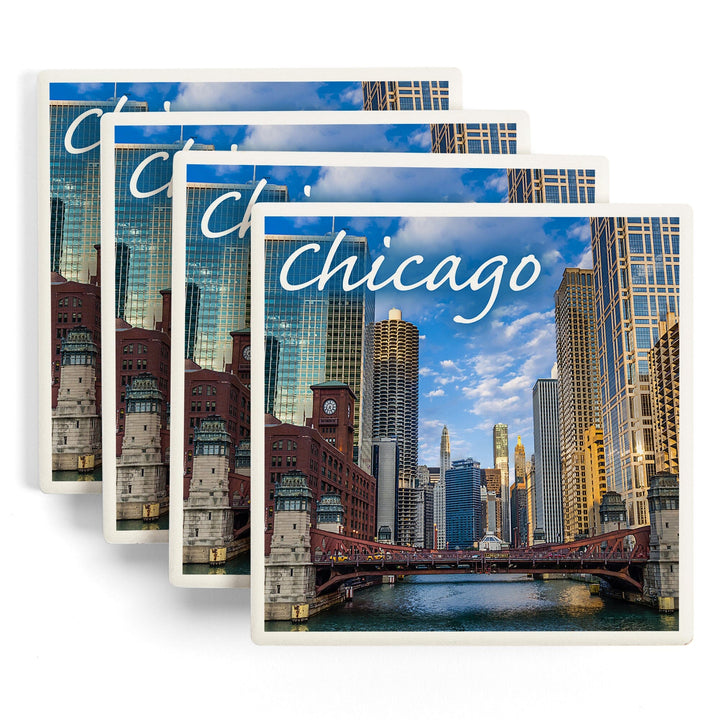 Chicago, Illinois, City and River, Lantern Press Photography, Coaster Set - Lantern Press