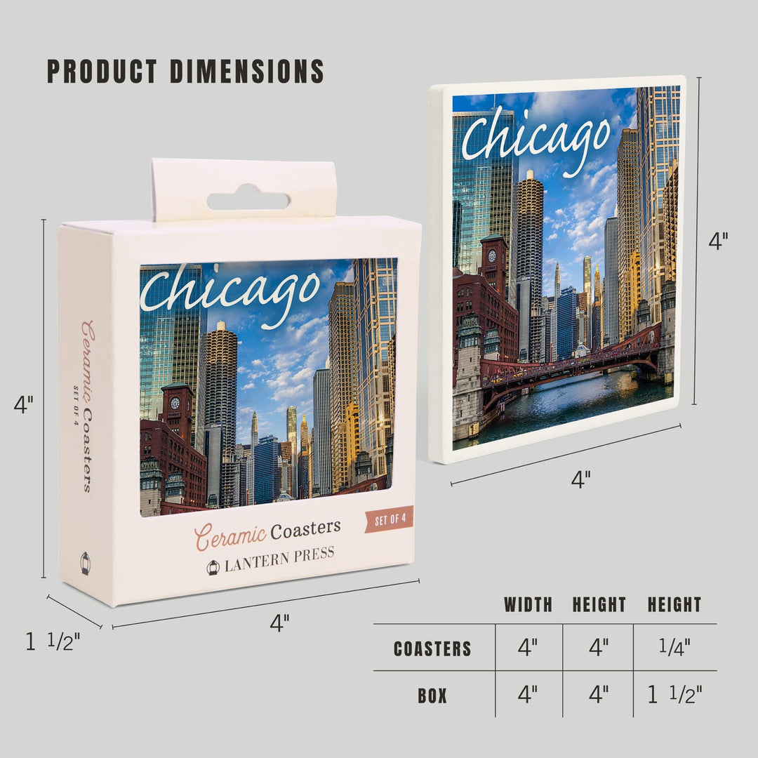 Chicago, Illinois, City and River, Lantern Press Photography, Coaster Set - Lantern Press