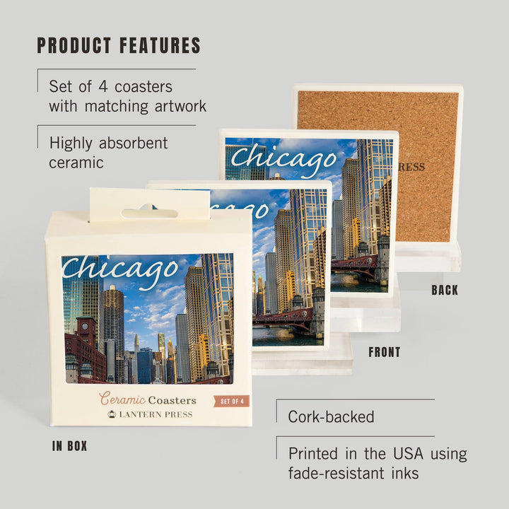 Chicago, Illinois, City and River, Lantern Press Photography, Coaster Set - Lantern Press