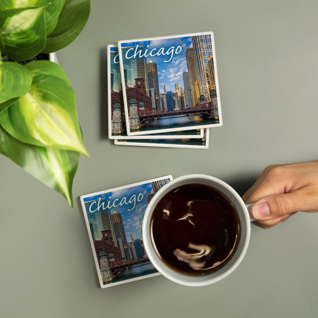 Chicago, Illinois, City and River, Lantern Press Photography, Coaster Set - Lantern Press