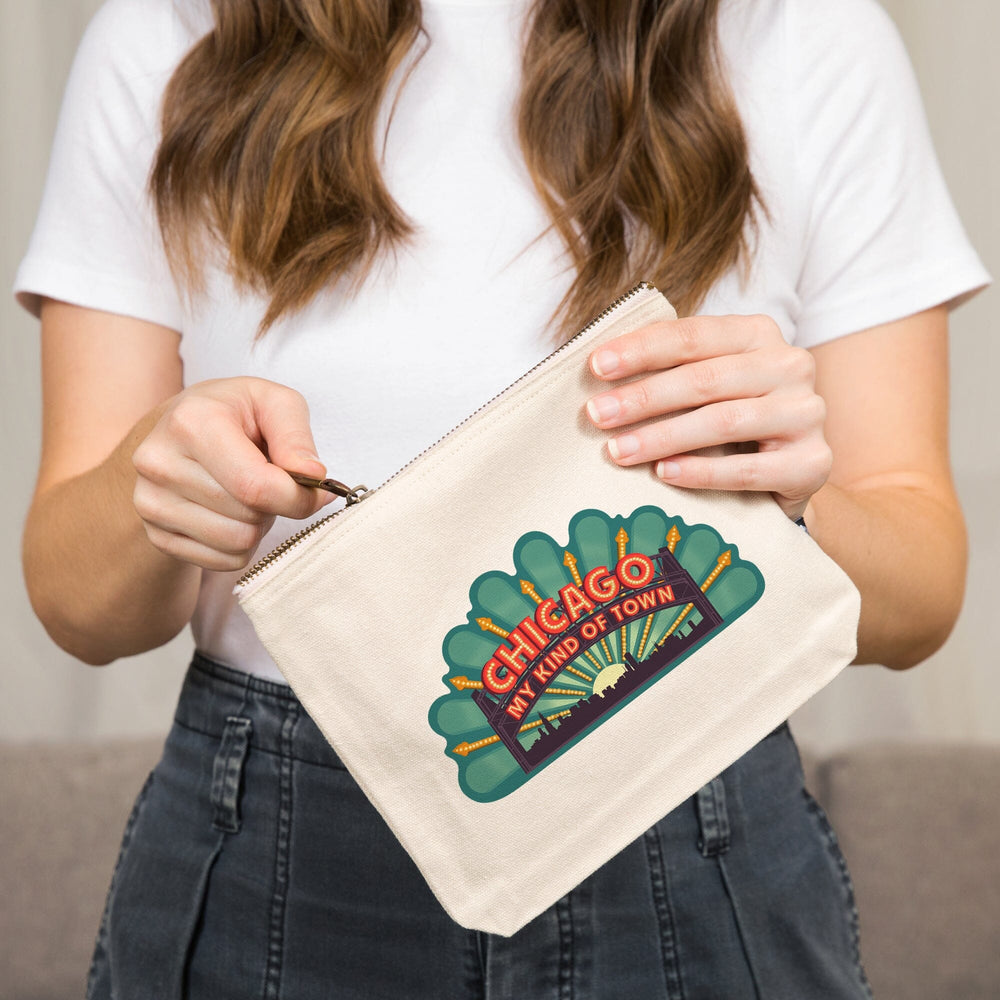 Chicago, Illinois, Marquee,, Organic Cotton Zipper Pouch, Go Bag Go Bag Lantern Press 