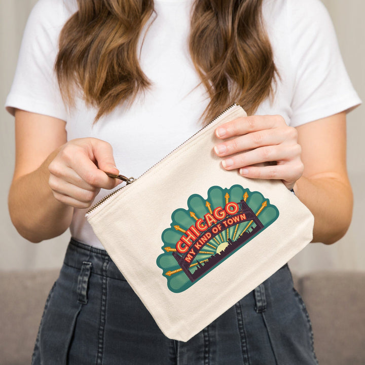 Chicago, Illinois, Marquee,, Organic Cotton Zipper Pouch, Go Bag Go Bag Lantern Press 