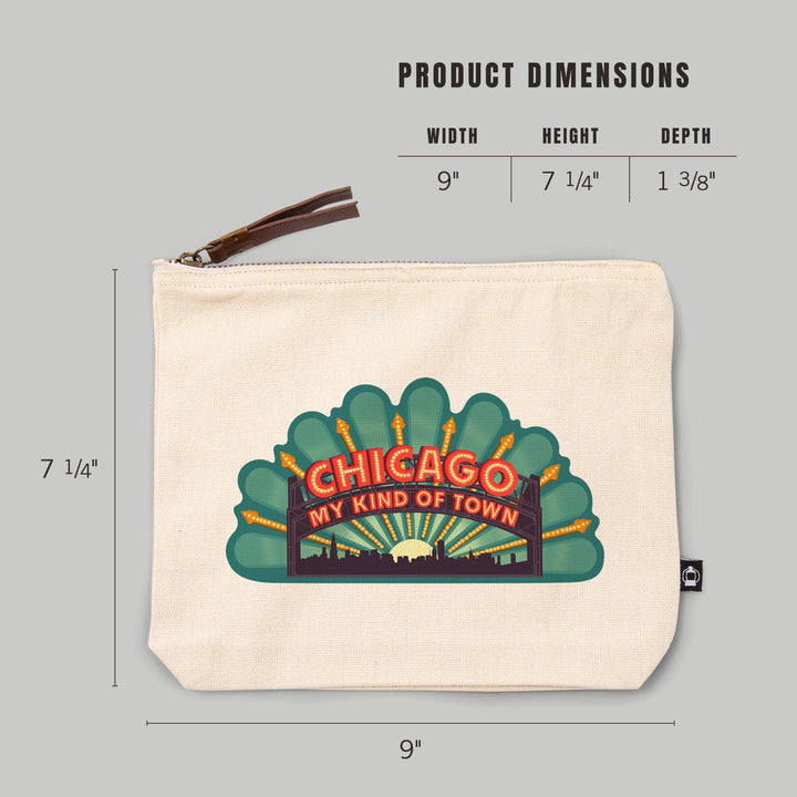 Chicago, Illinois, Marquee,, Organic Cotton Zipper Pouch, Go Bag Go Bag Lantern Press 